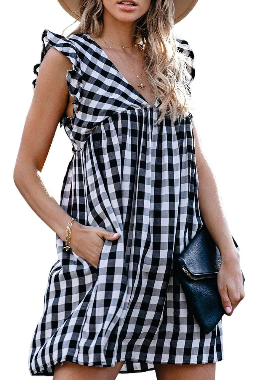 Black Plaid Ruffle V Neck Pocketed Babydoll Mini Dress