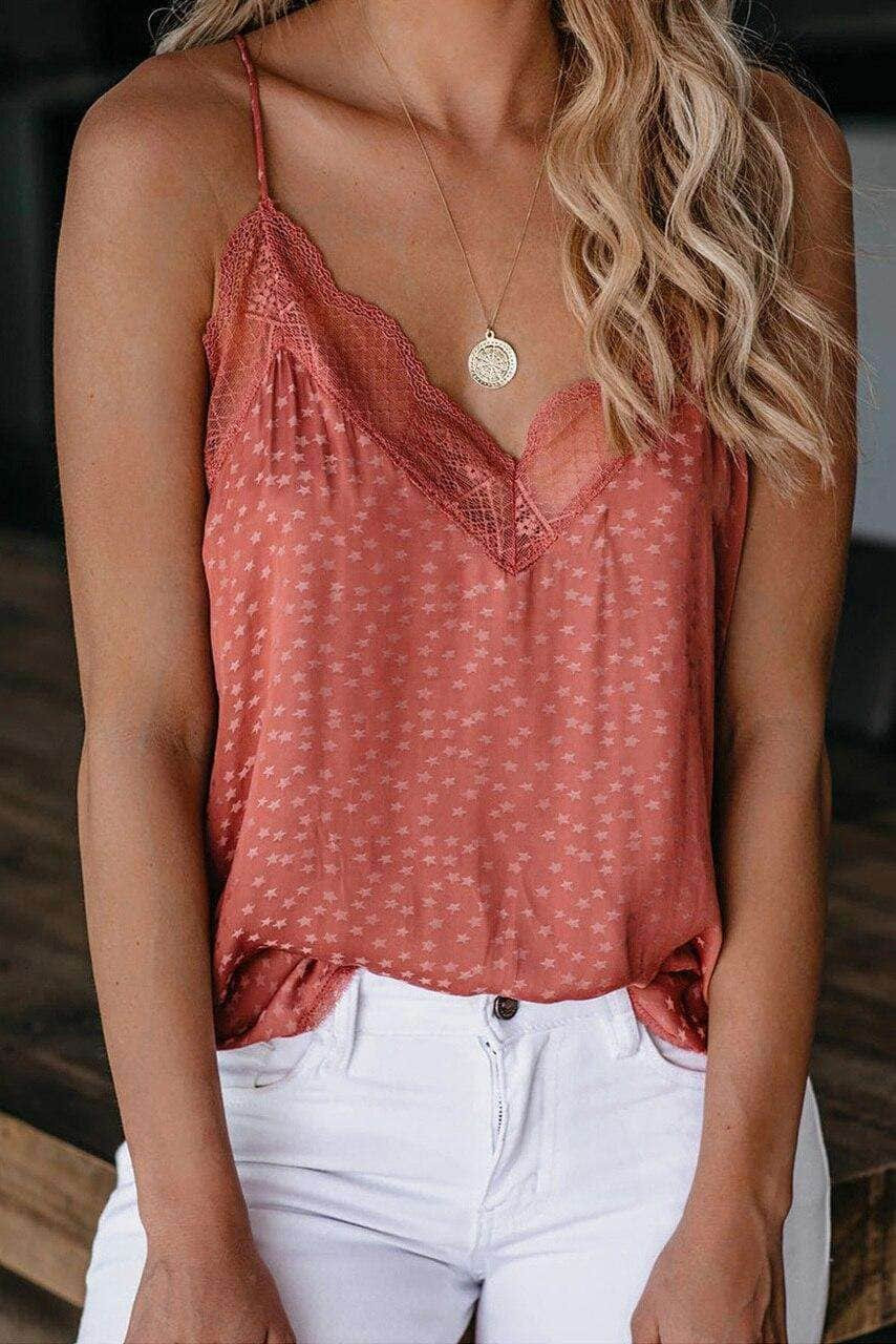 Orange Spaghetti Strap Printed Lace Tank Top