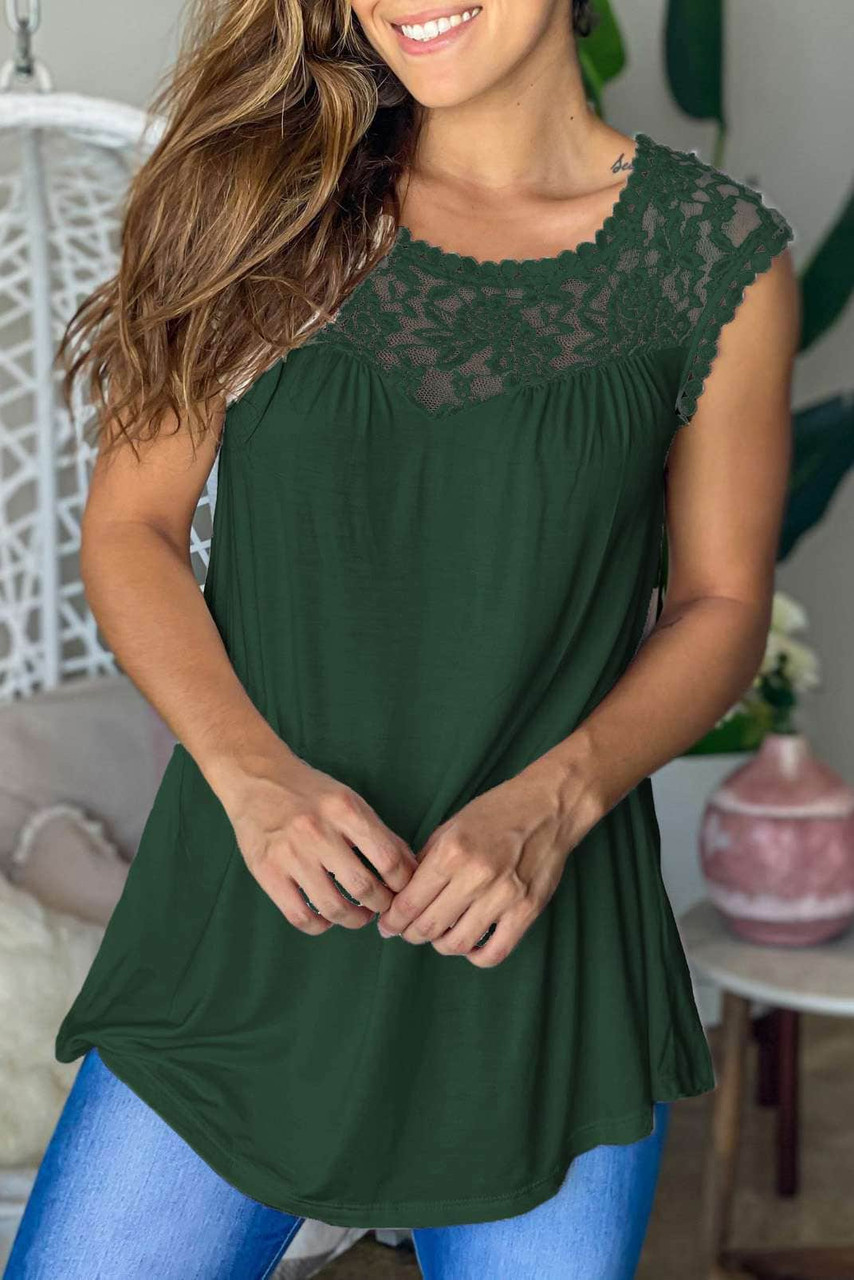 Green Sleeveless Top with Lace Detail