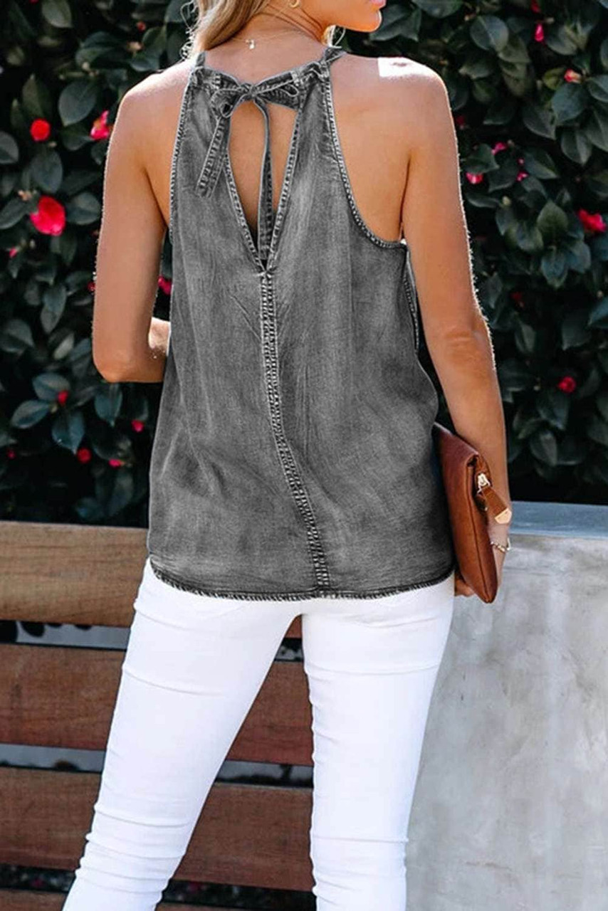 Gray Halter Neck Denim Tank Top