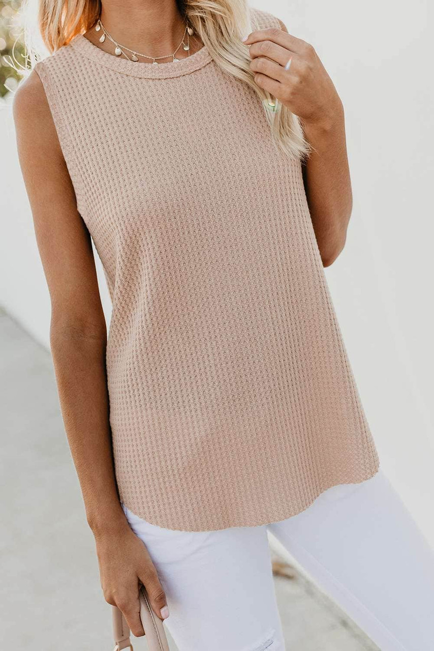 Apricot Crew Neck Waffle Tank Top