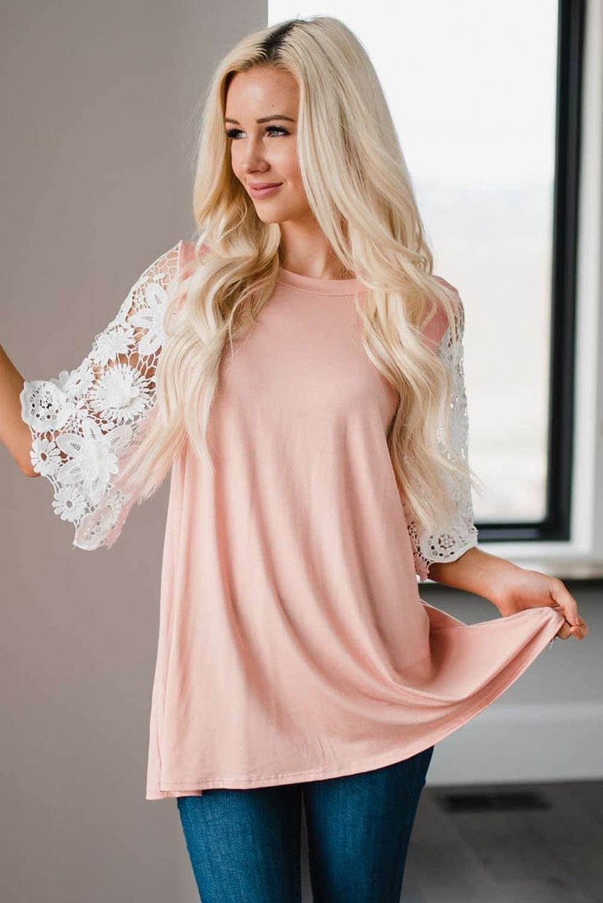 Pink Lace Sleeves Tunic Top