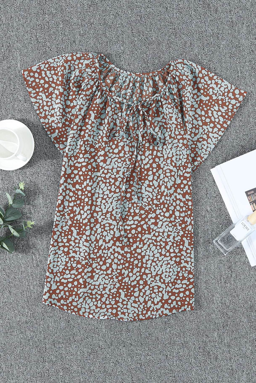 Brown V-neck Short Sleeve Fashion Print Fantasy Fluttering Blouse