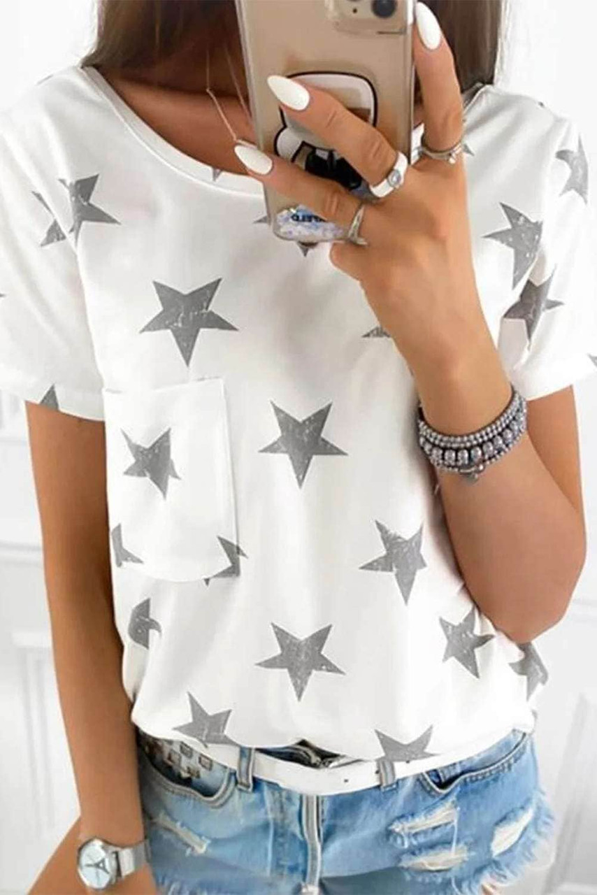 White Casual Star Pocket Tee