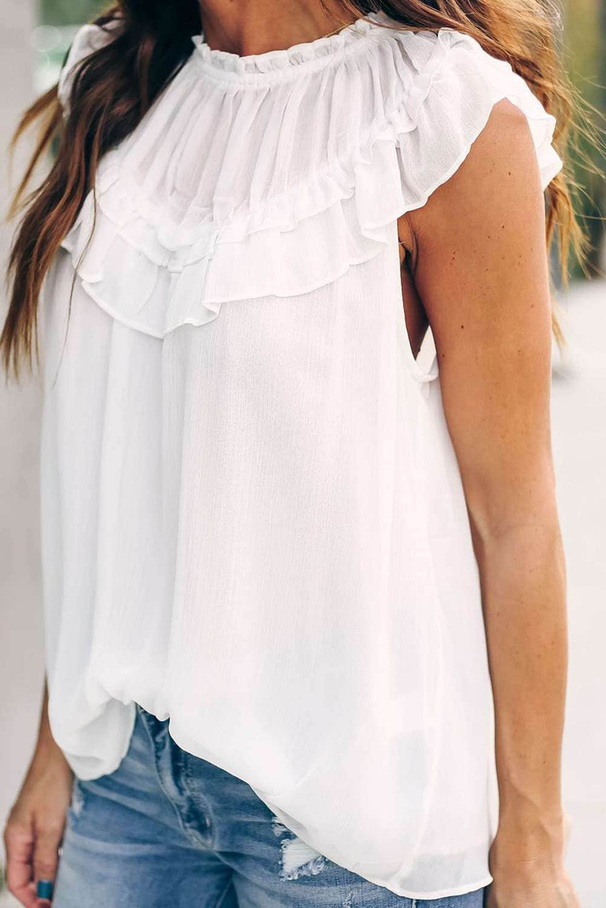 White Frilled Detail Tulle Tank Top