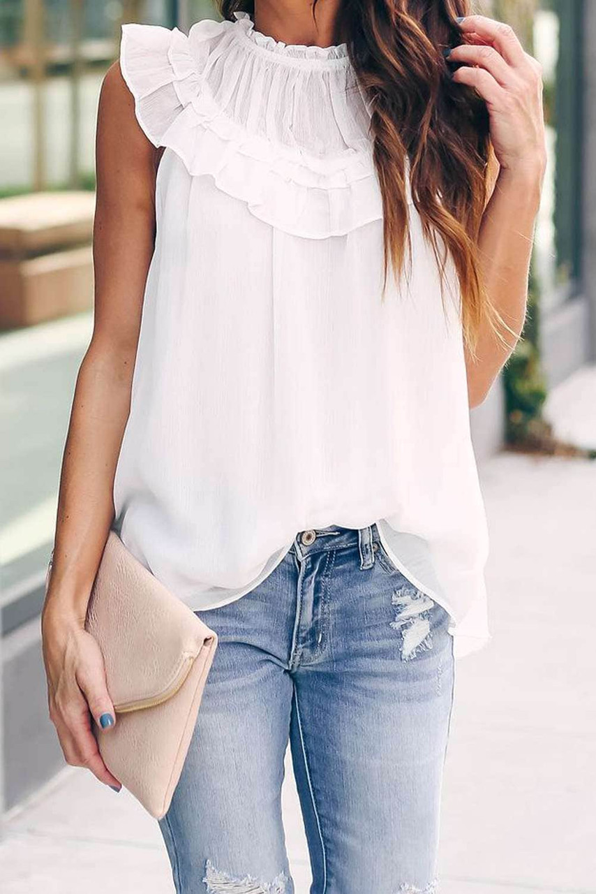 White Frilled Detail Tulle Tank Top