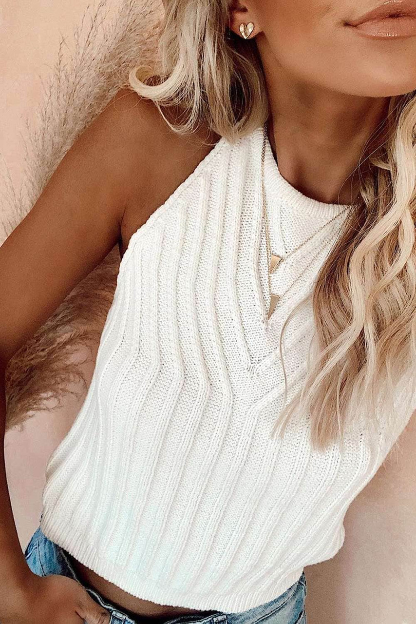 White Cropped Ribbed Halter Tank