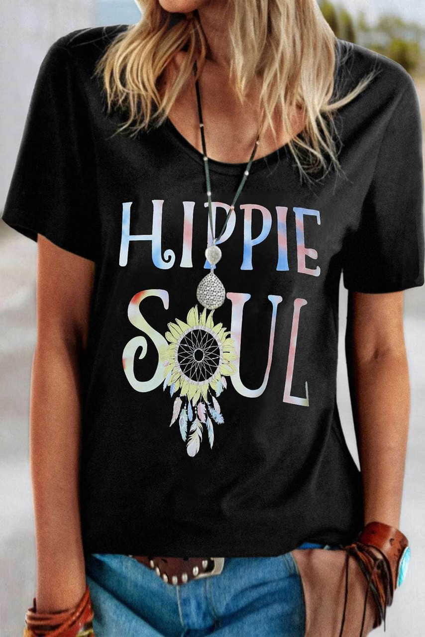 Ombre Tie-dye HIPPIE SOUL Sunflower Feather Print T-shirt