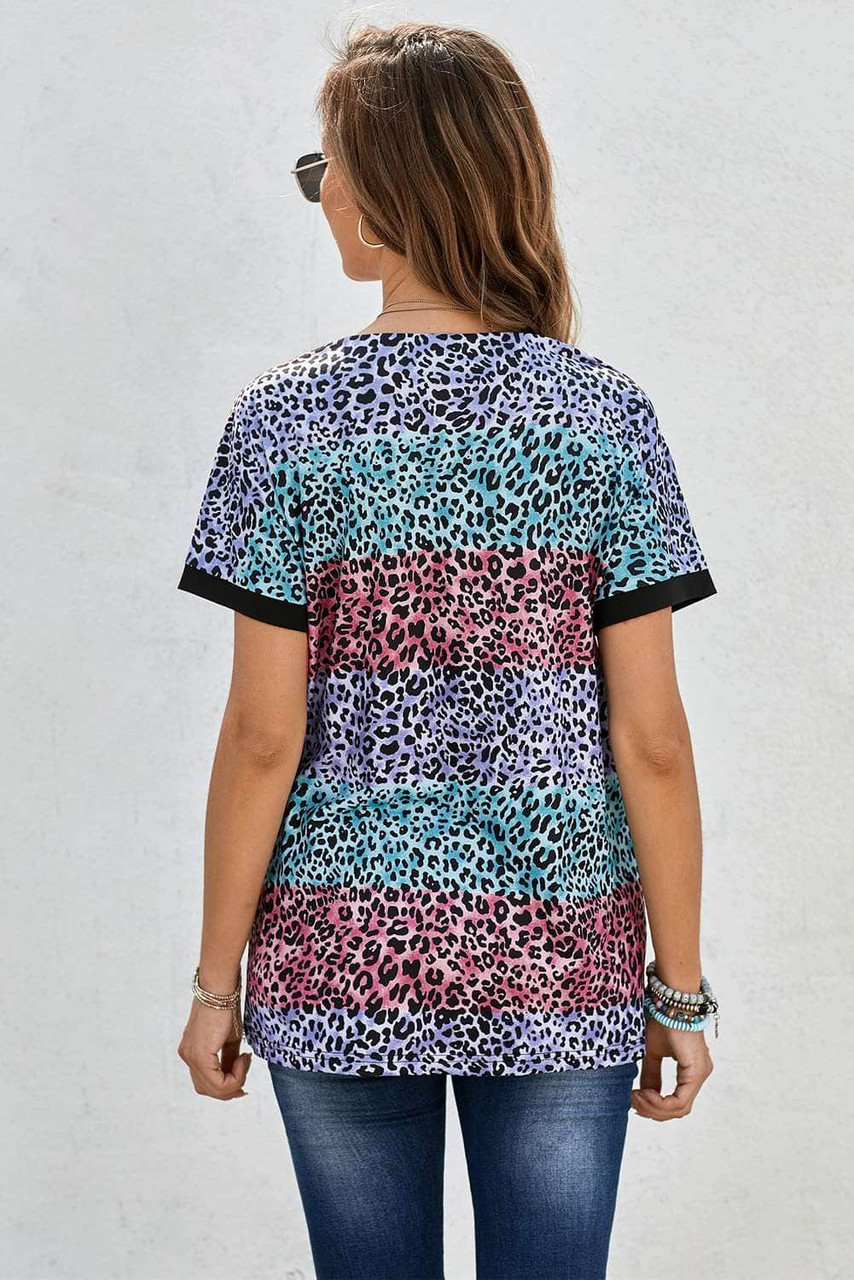 Multicolor Leopard Striped Colorblock T-shirt