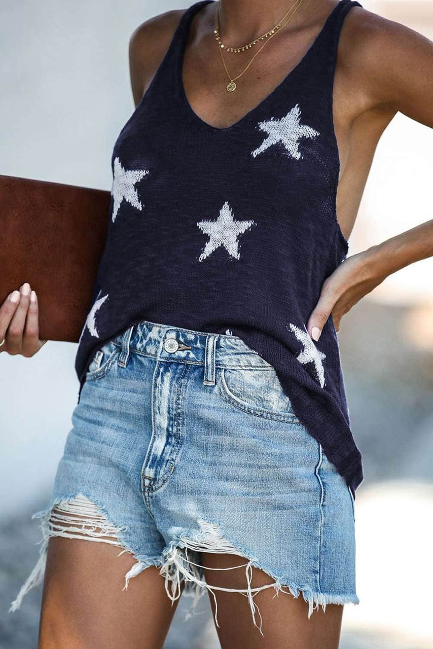 Blue Star Print Racerback V Neck Tank Top