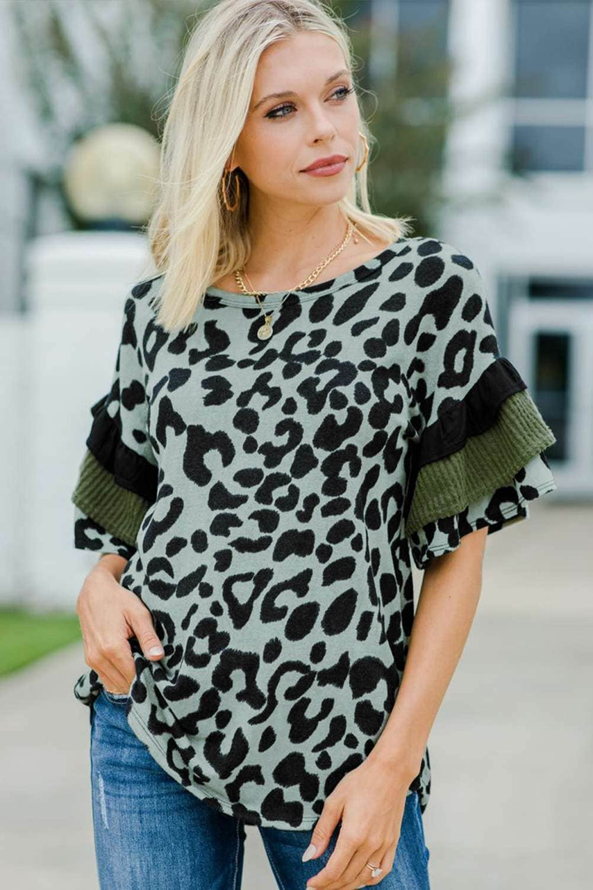 Olive Green Leopard Ruffled Sleeves Top