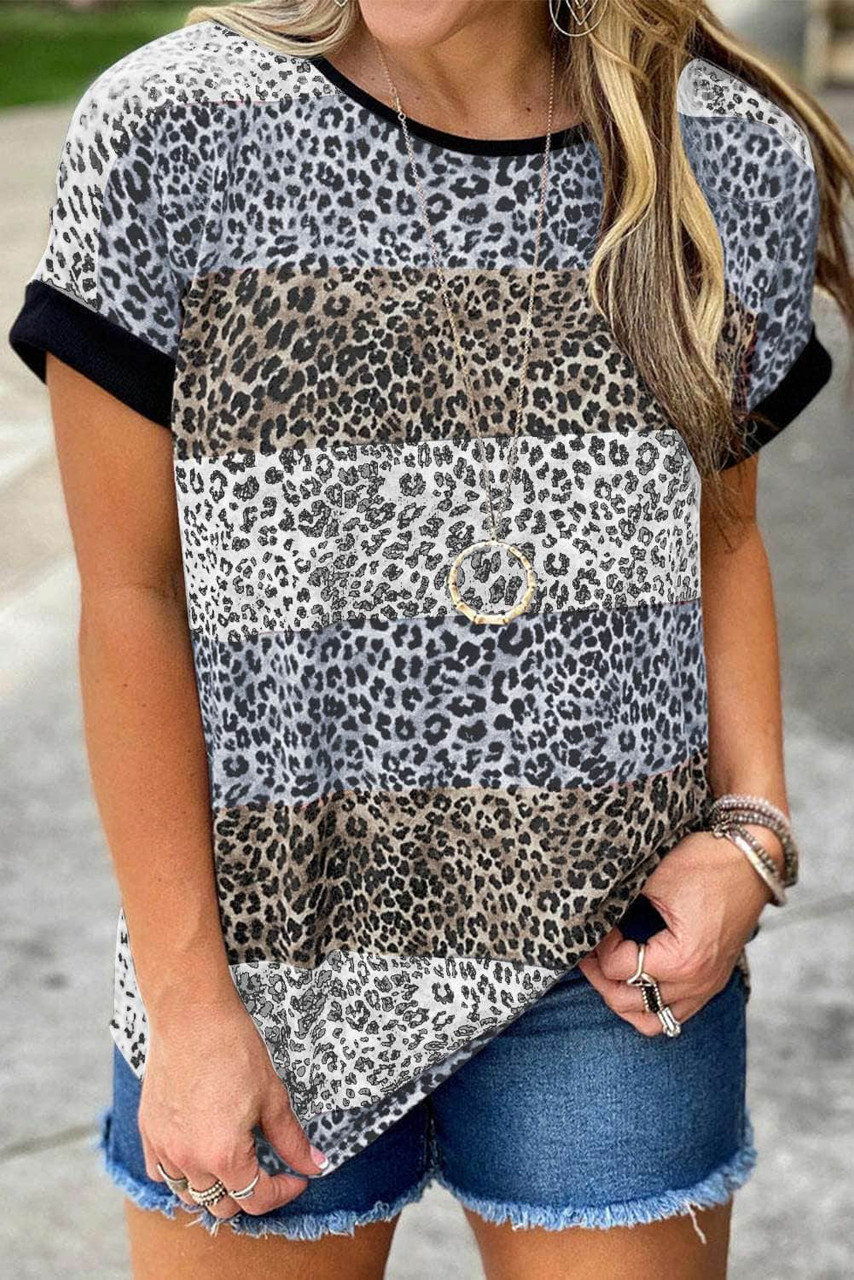 Brown Leopard Striped Colorblock T-shirt