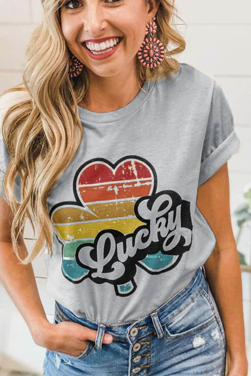 Gray Lucky Retro Rainbow Clover Graphic Tee