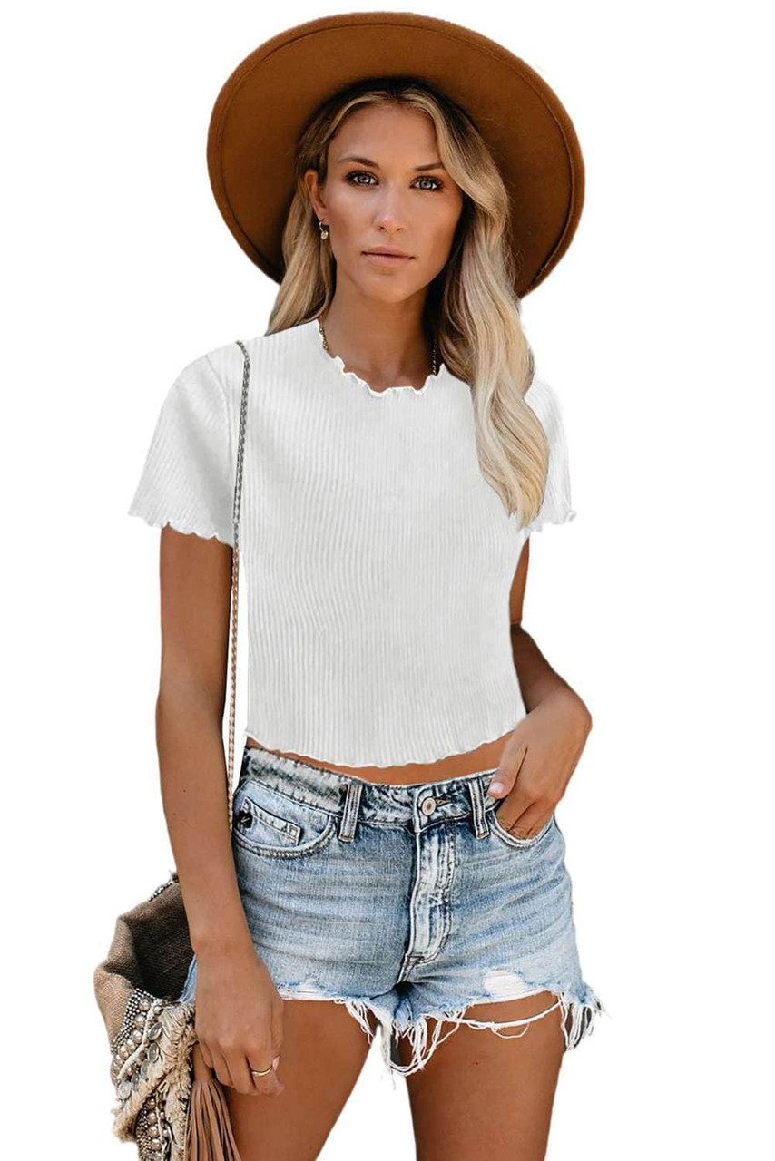 White Curled Hem Short Sleeve Ribbed Knit Crop Top