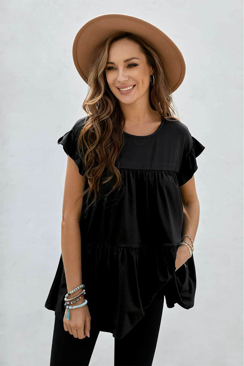 Black Short Sleeve Keyhole Ruffled Babydoll Top