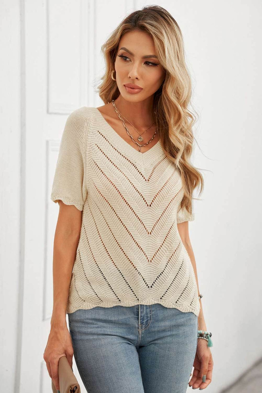 V Neck Eyelet Knitted Top with Scalloped Trims