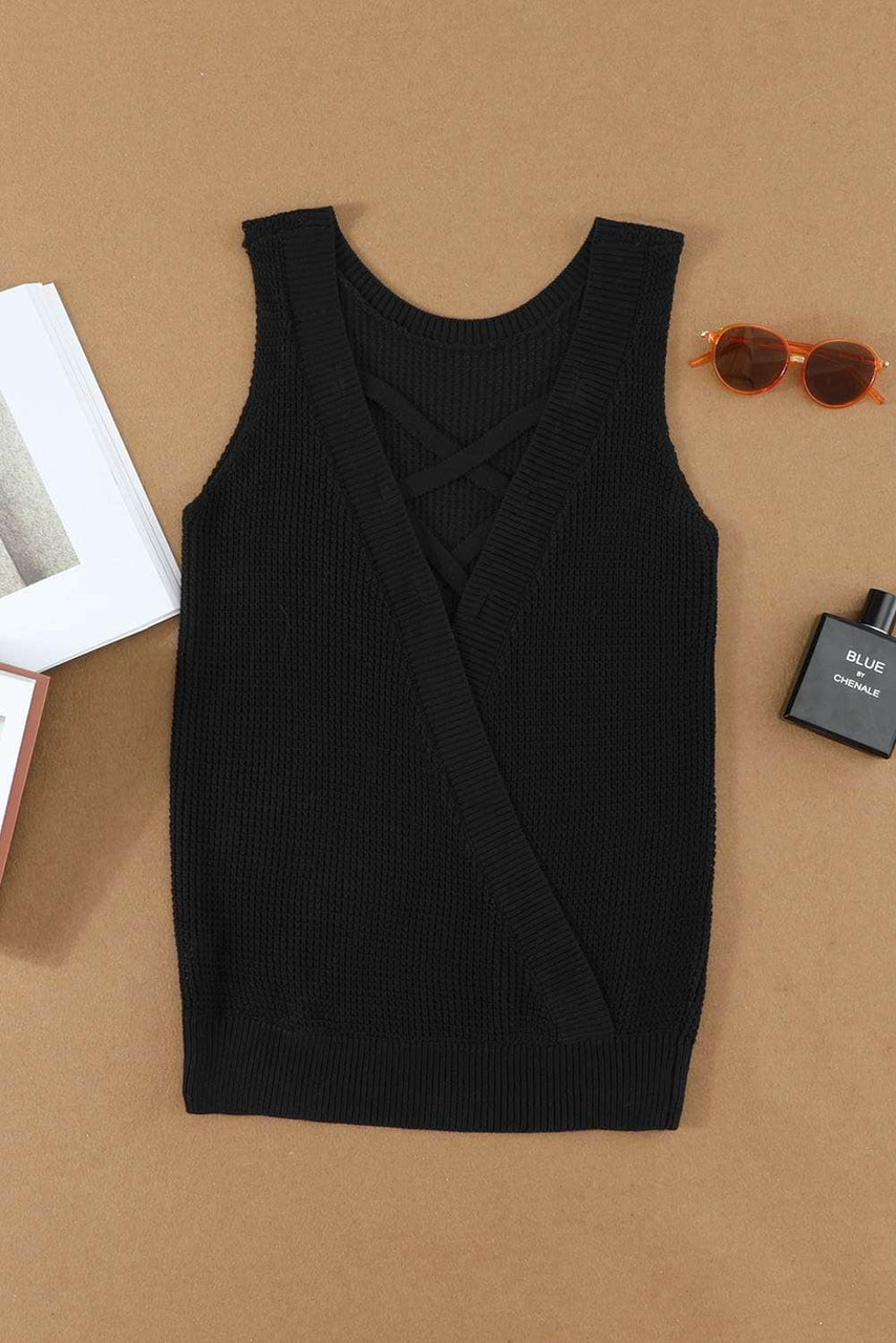 Black Crisscross Hollow-out Knit Tank Top