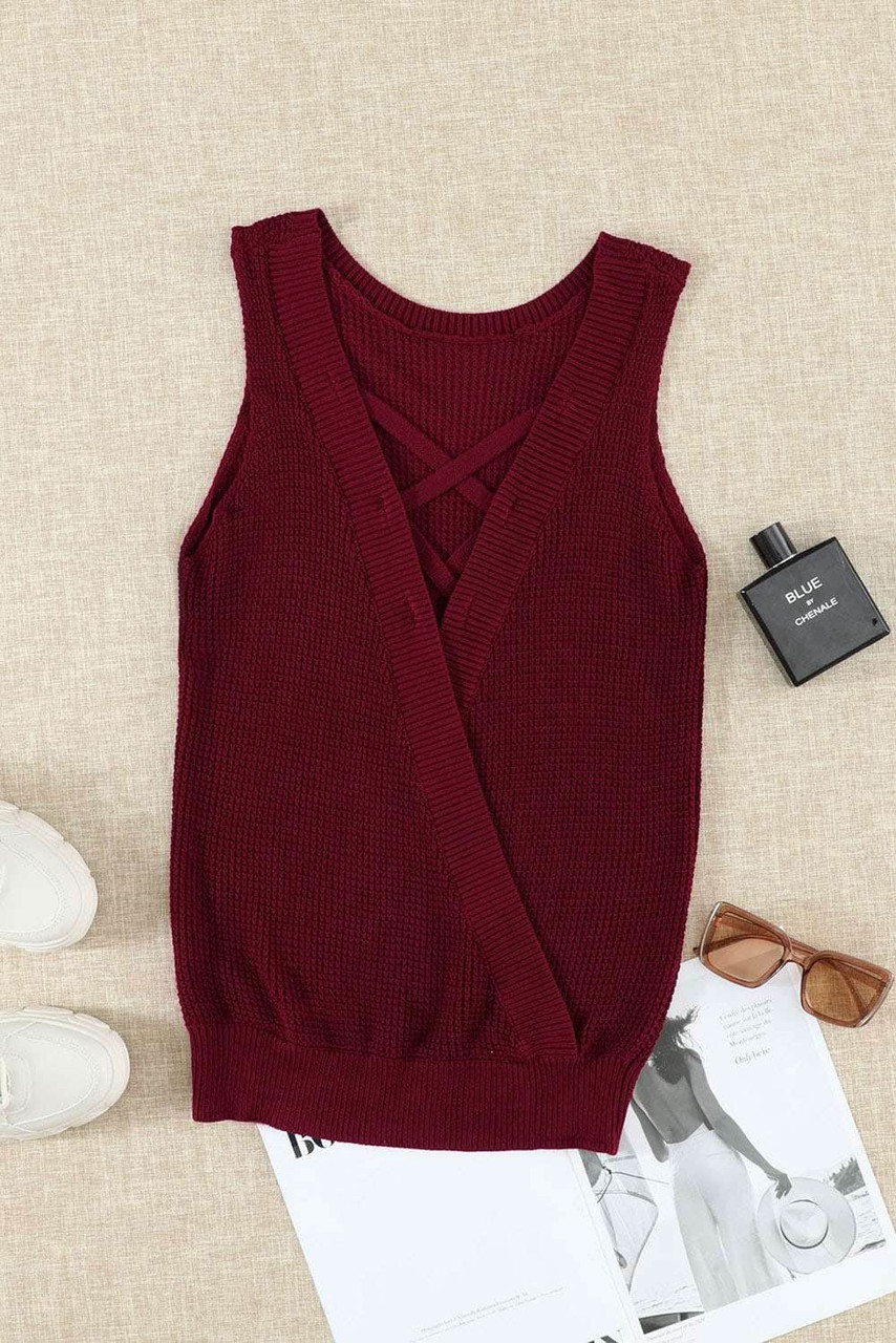 Wine Red Crisscross Hollow-out Knit Tank Top