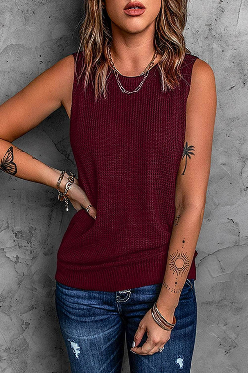 Wine Red Crisscross Hollow-out Knit Tank Top