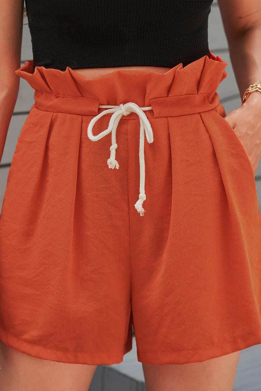 Orange Frilled Drawstring Waist High Rise Shorts