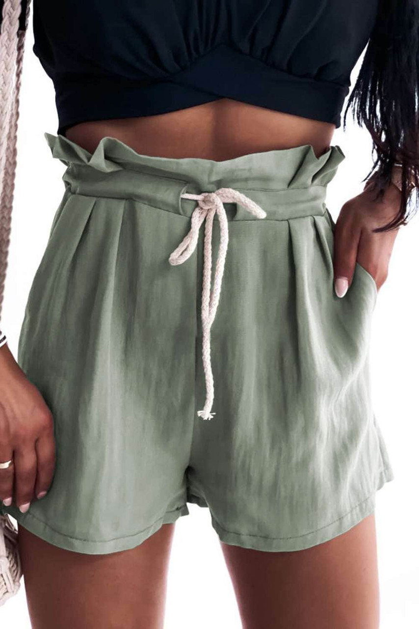 Army Green Frilled Drawstring Waist High Rise Shorts