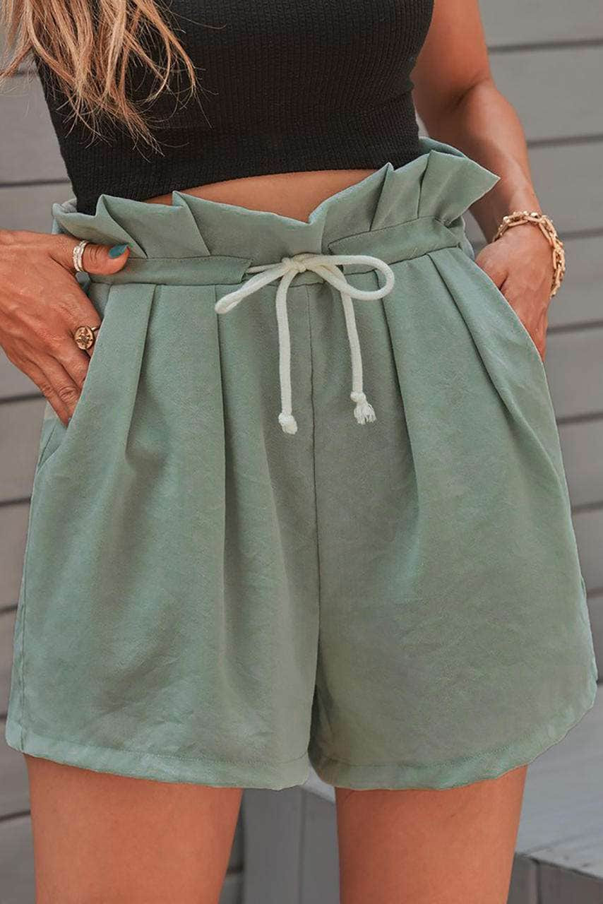 Army Green Frilled Drawstring Waist High Rise Shorts