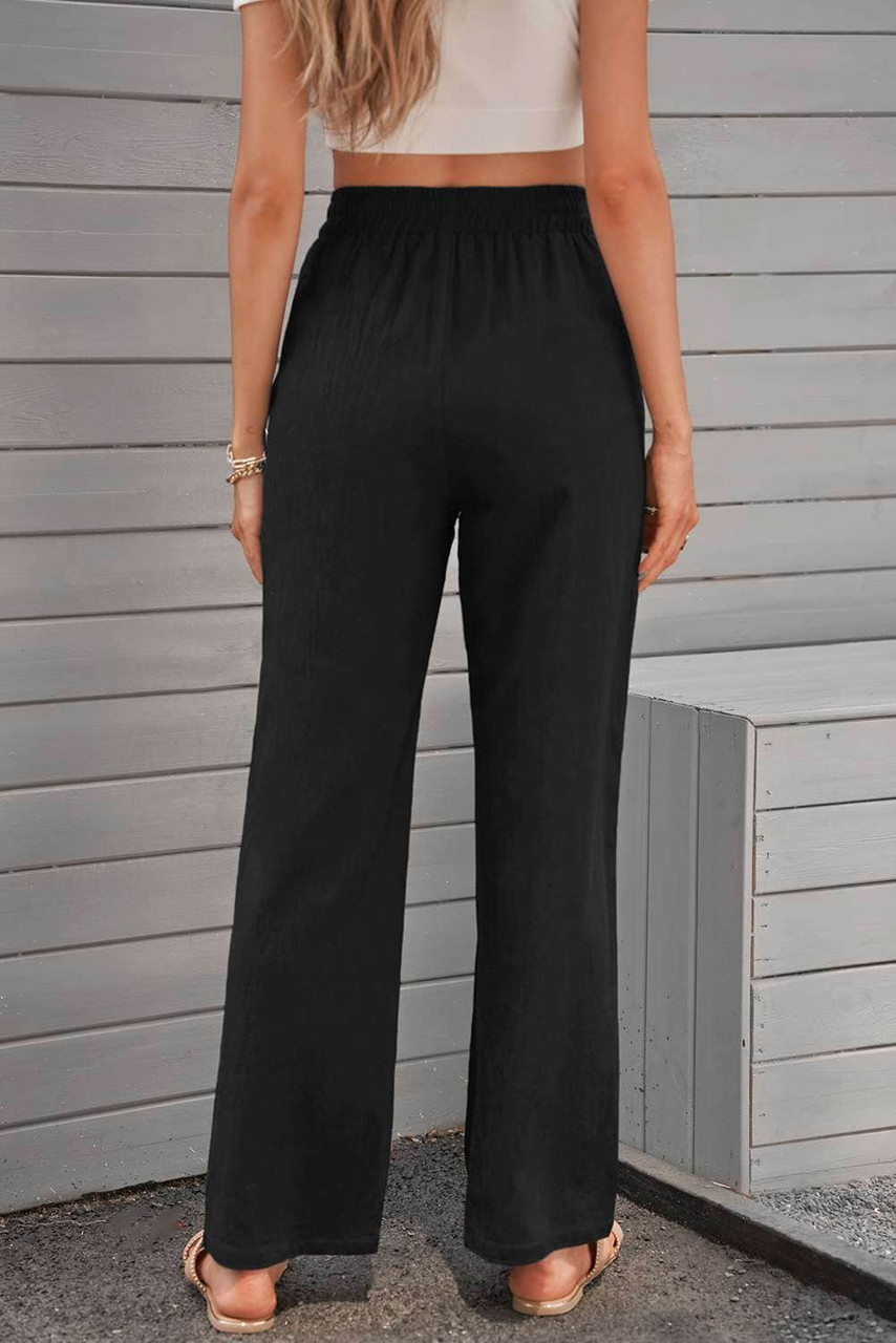 Black Drawstring Elastic Waist Pockets Long Straight Legs Pants