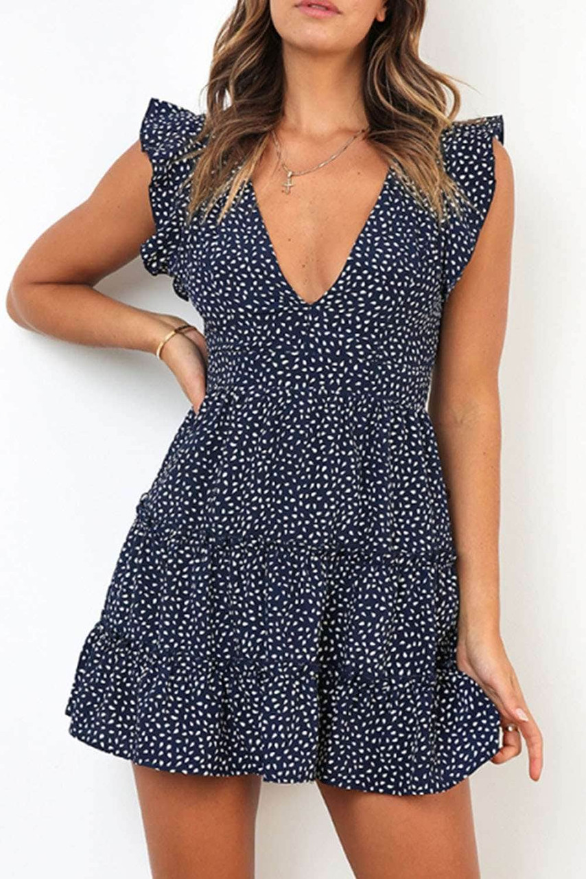 Navy Printed Sleeveless Tiered Mini Dress