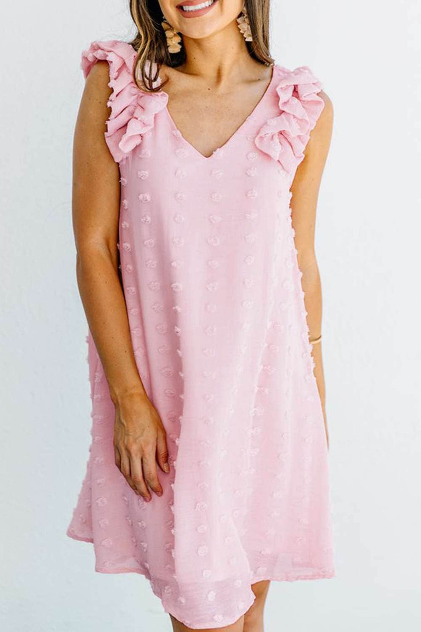Pink Swiss Dot V Neck Ruffled Sleeveless Mini Dress