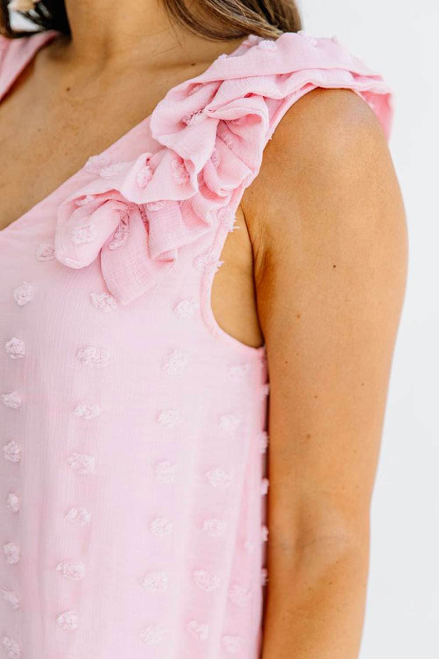 Pink Swiss Dot V Neck Ruffled Sleeveless Mini Dress