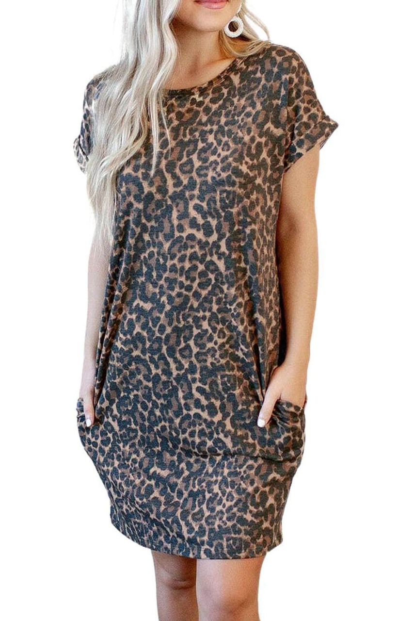 Leopard Short Sleeve Backless Pocketed Mini Dress Leopard Short Sleeve Backless Pocketed Mini Dress