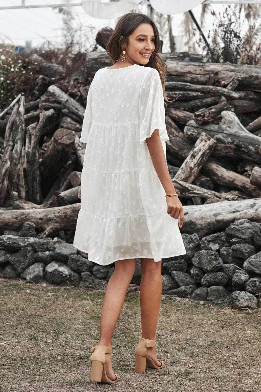 White V Neck Tiered Babydoll Lace Dress