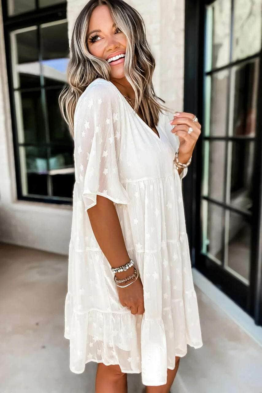 White V Neck Tiered Babydoll Lace Dress