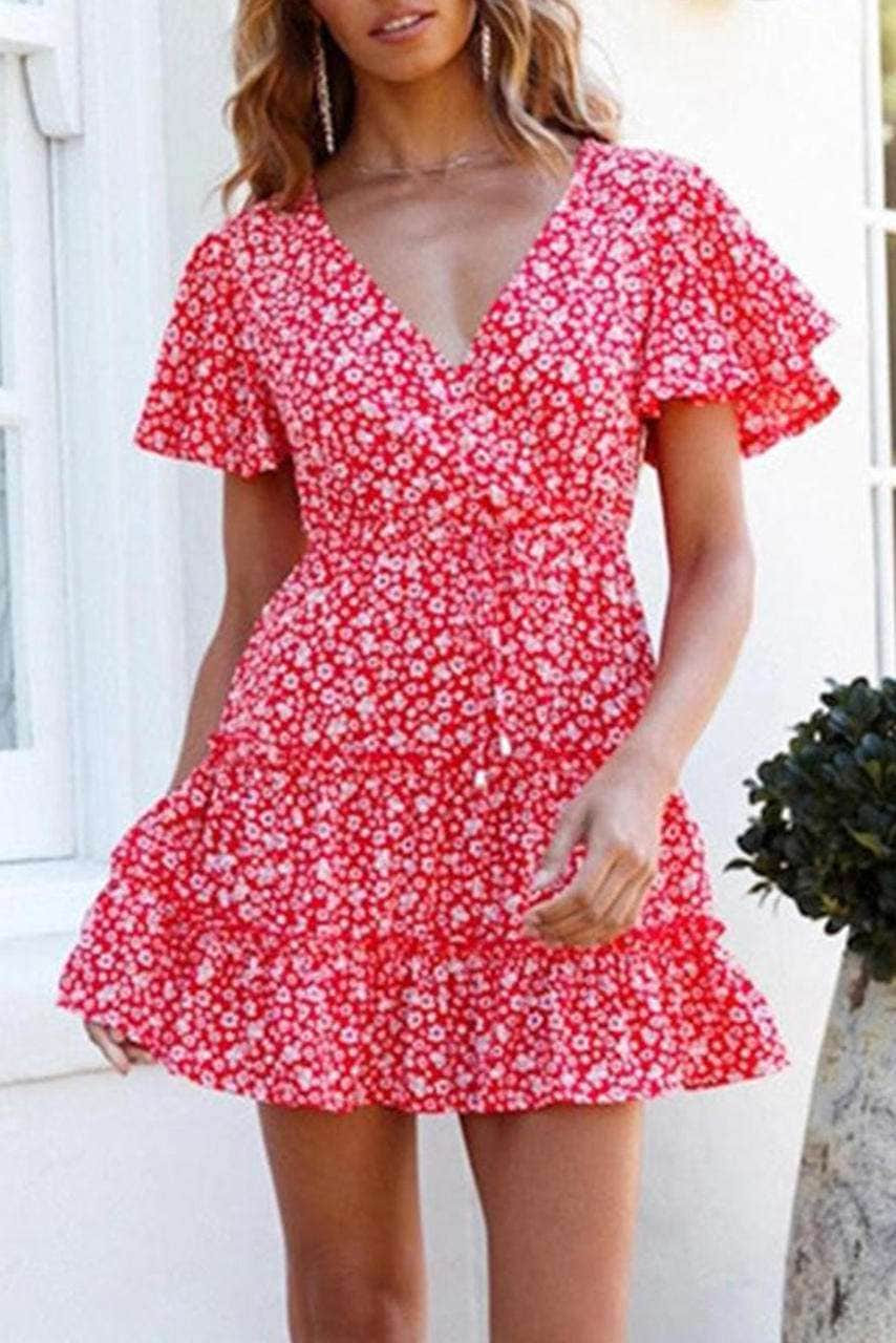 V Neck Short Sleeve Layered Ruffled Floral Dress