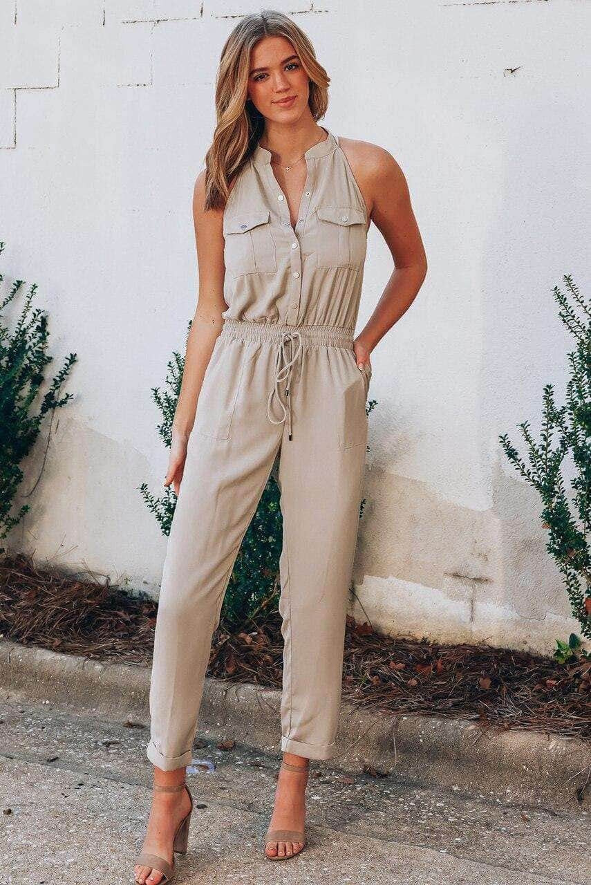 Button Front Patch Pockets Sleeveless Jumpsuit Button Front Patch Pockets Sleeveless Jumpsuit