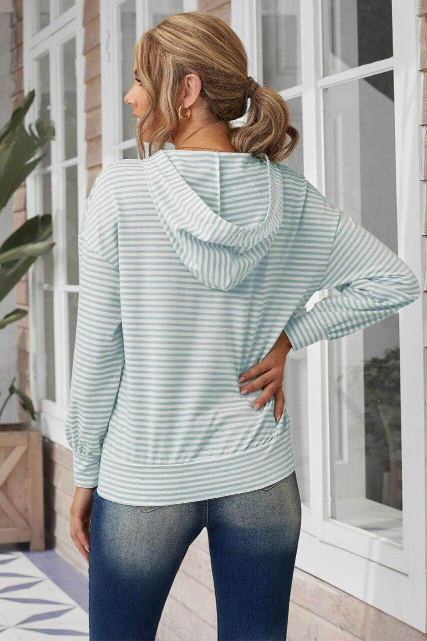 V-neck Puff Sleeve Stripe Hoodie with Plaid Pocket