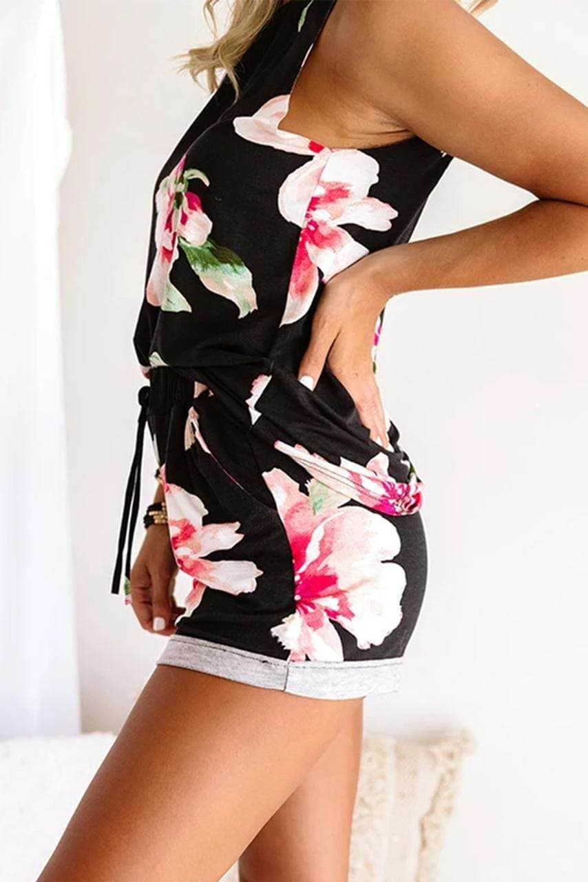 Black Floral Print Tank Top and Shorts Homesuit