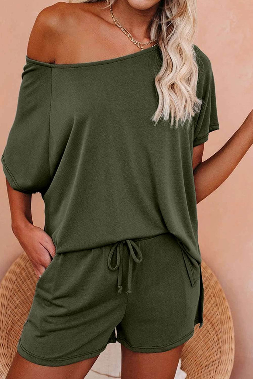 Green Raglan Top and Shorts Knit Lounge Set