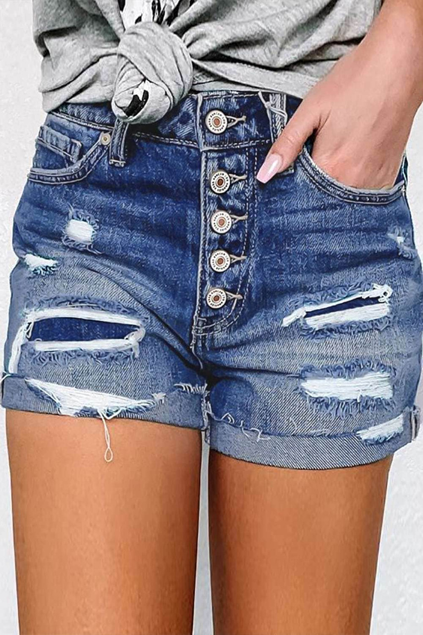 High Waist Button Fly Distressed Denim Shorts