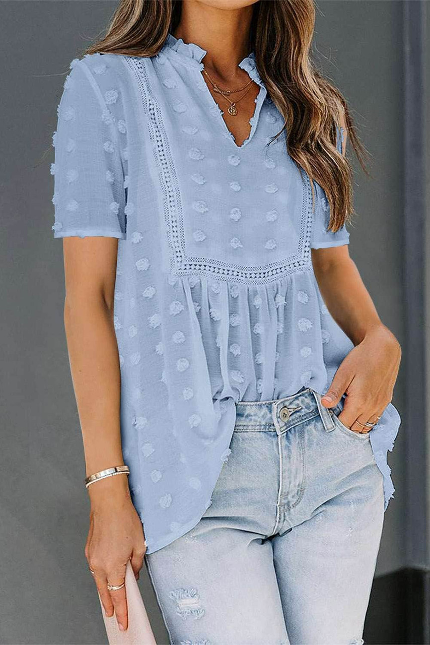 Sky Blue Swiss Dot Short Sleeve Flowy Top