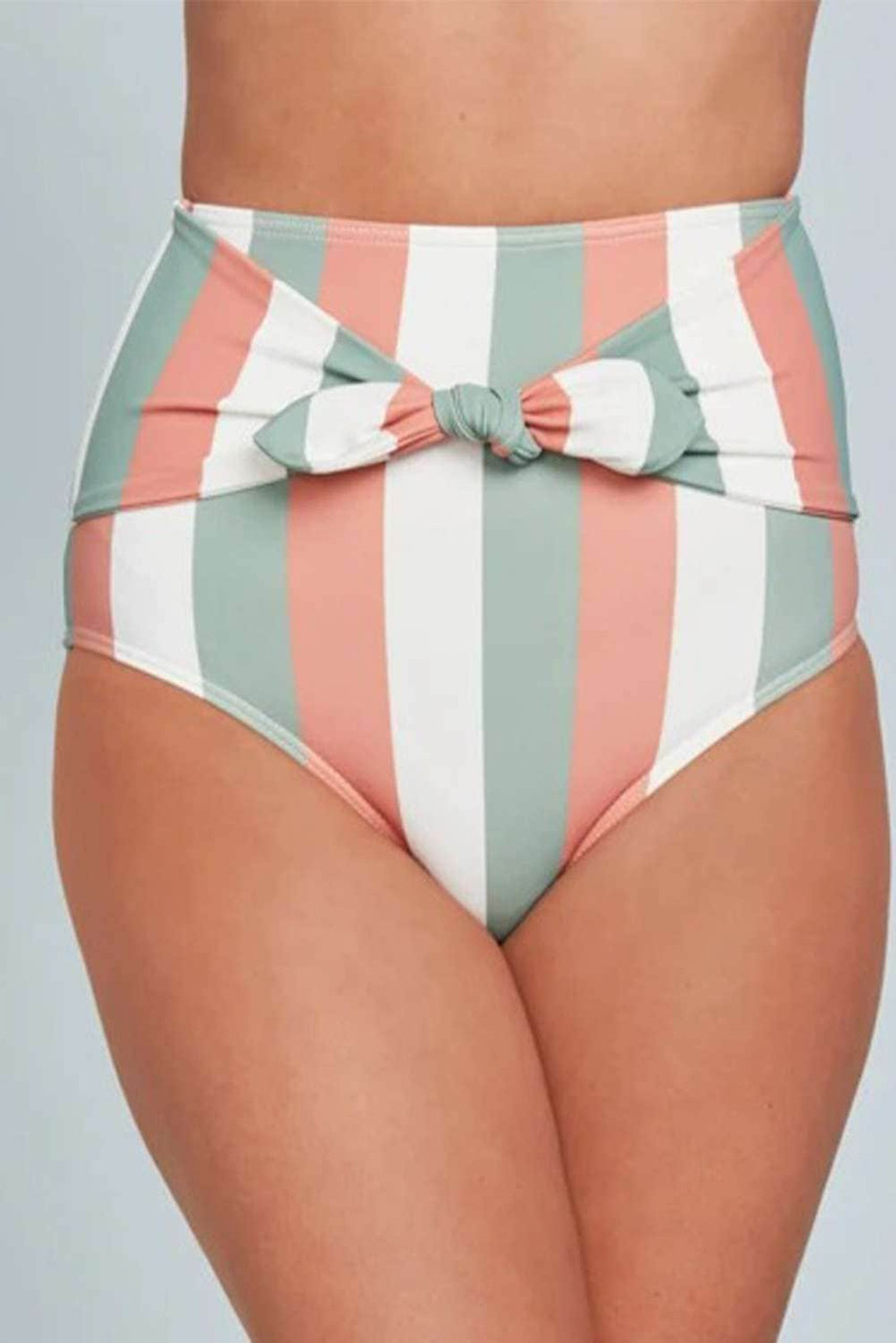 Multicolor Stripes Print Front Tie High Waist Bikini Bottoms