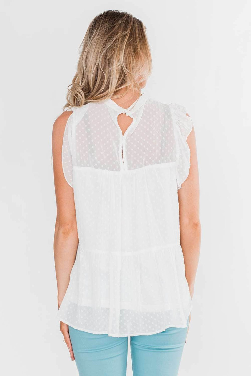 White Lace Detail Dotted Print Sleeveless Top