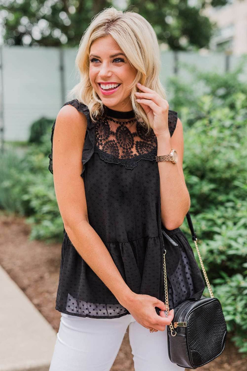 Black Lace Detail Dotted Print Sleeveless Top