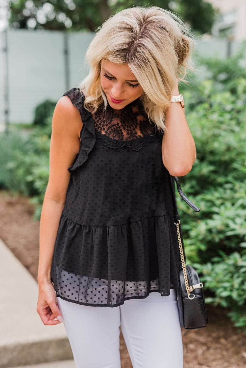 Black Lace Detail Dotted Print Sleeveless Top