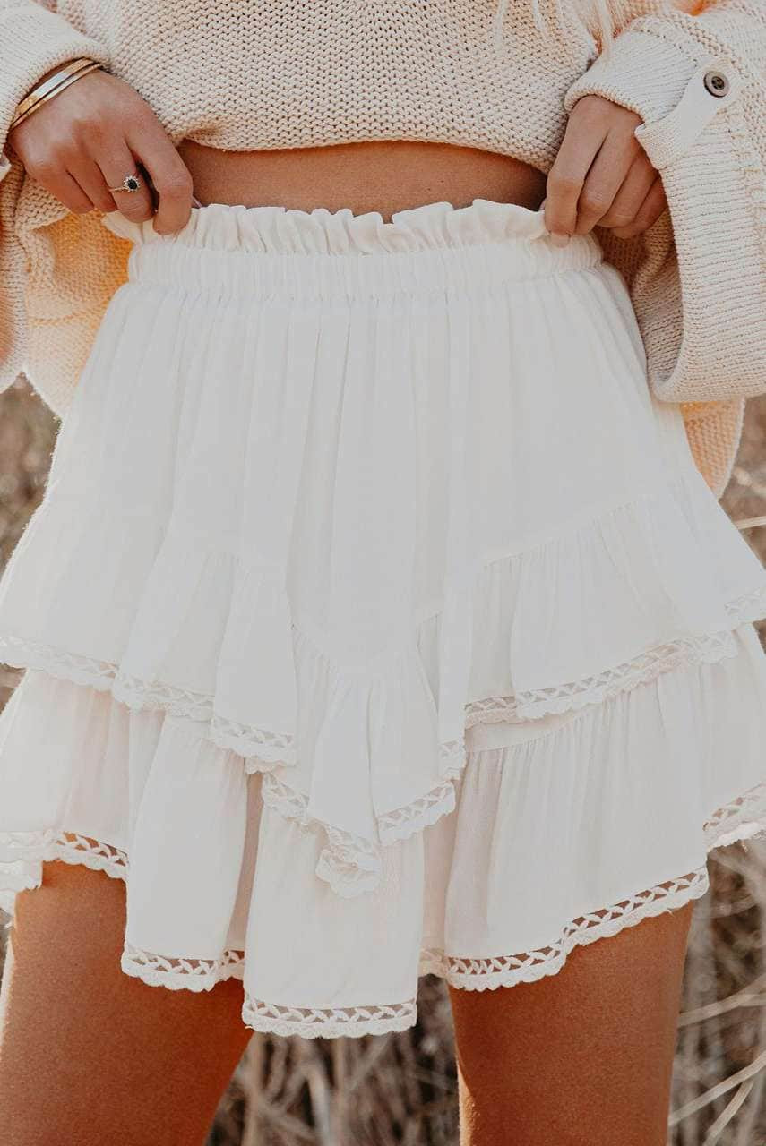 White Solid Color High Waist Tiered Crochet Ruffle Mini Skirt