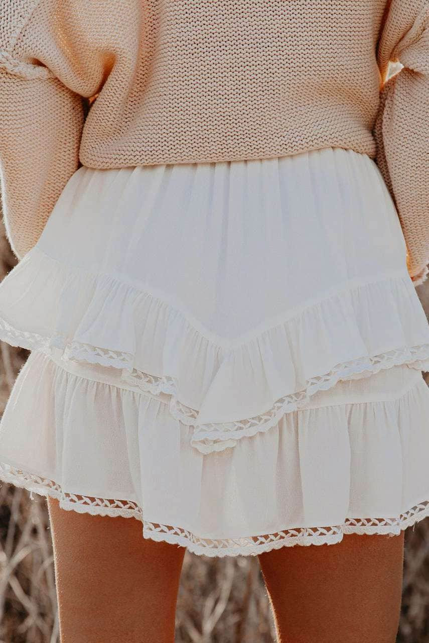 White Solid Color High Waist Tiered Crochet Ruffle Mini Skirt
