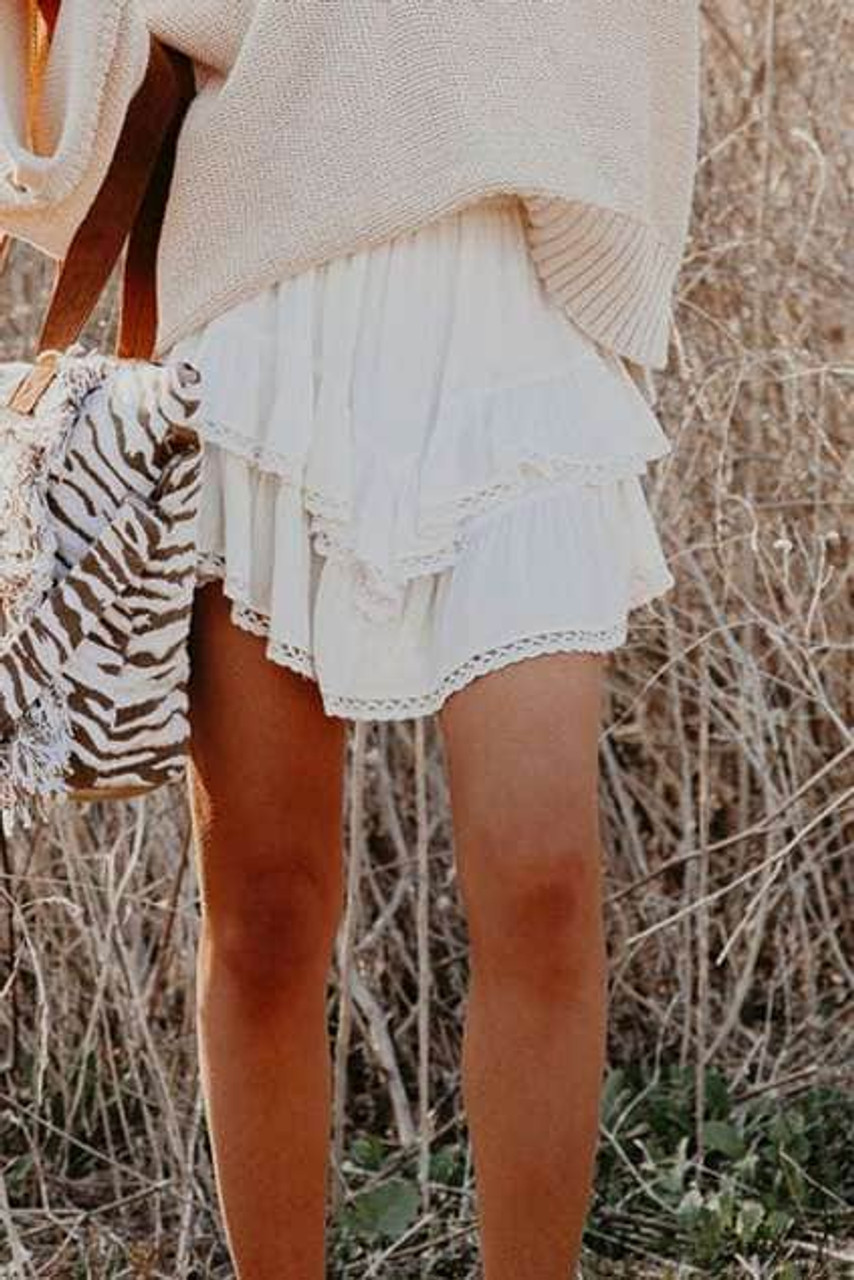 White Solid Color High Waist Tiered Crochet Ruffle Mini Skirt