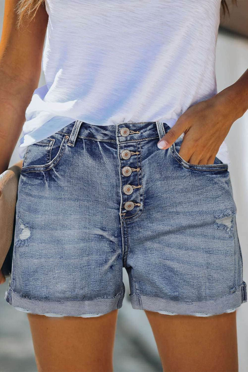 High Rise Button Fly Distressed Denim Shorts High Rise Button Fly Distressed Denim Shorts