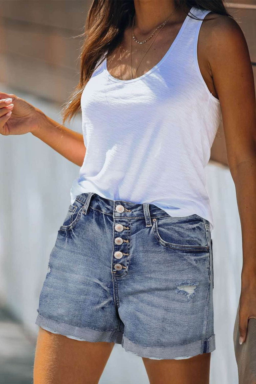 High Rise Button Fly Distressed Denim Shorts High Rise Button Fly Distressed Denim Shorts