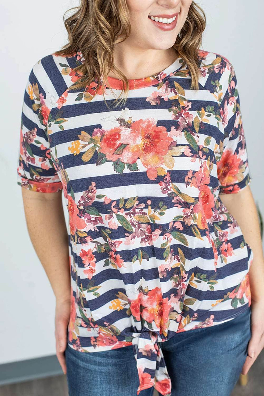 Striped Floral Print Crewneck Short Sleeve Plus Size T Shirt